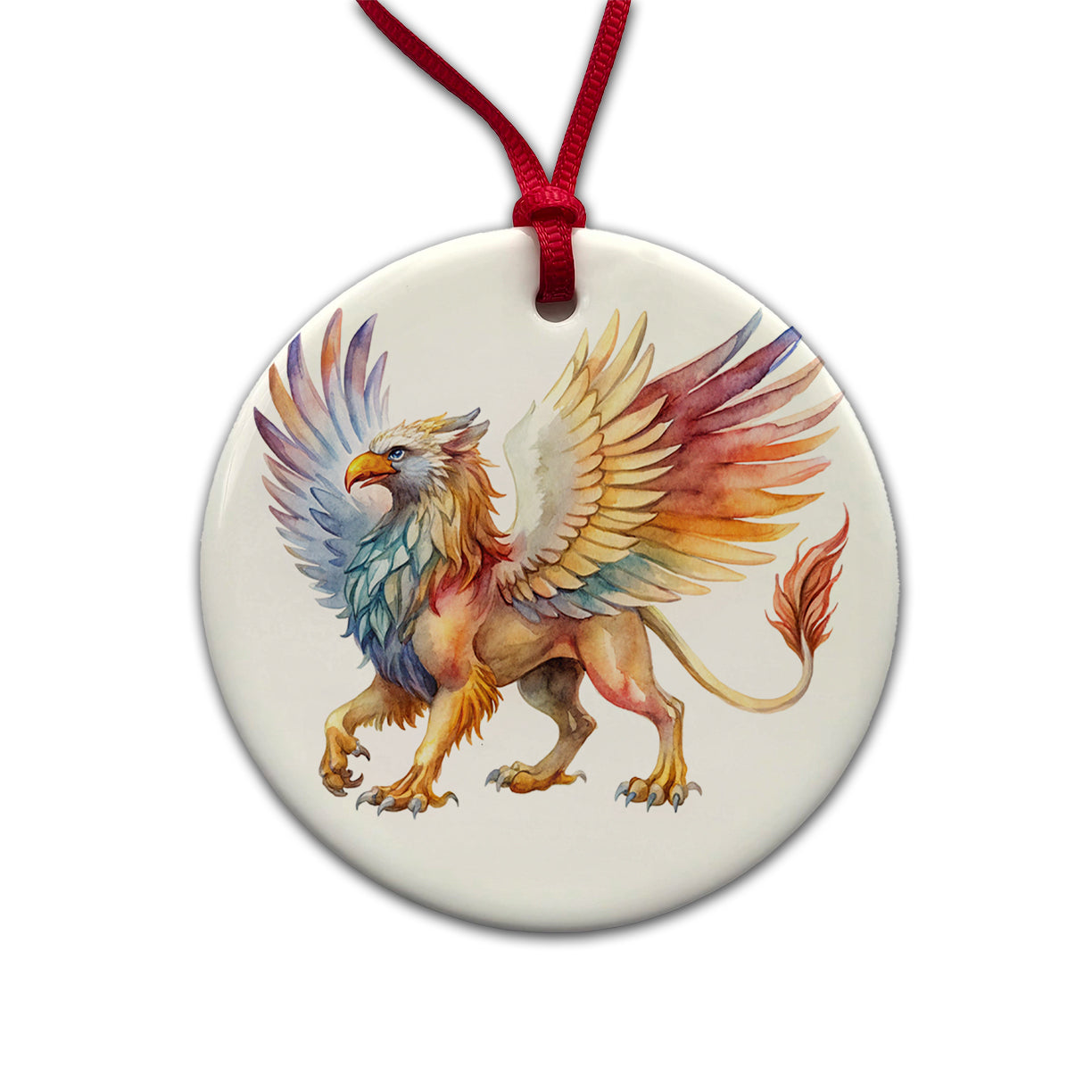 Fantasy Griffin Mythical Creature Watercolor Round Ceramic Holiday Christmas Tree Ornament