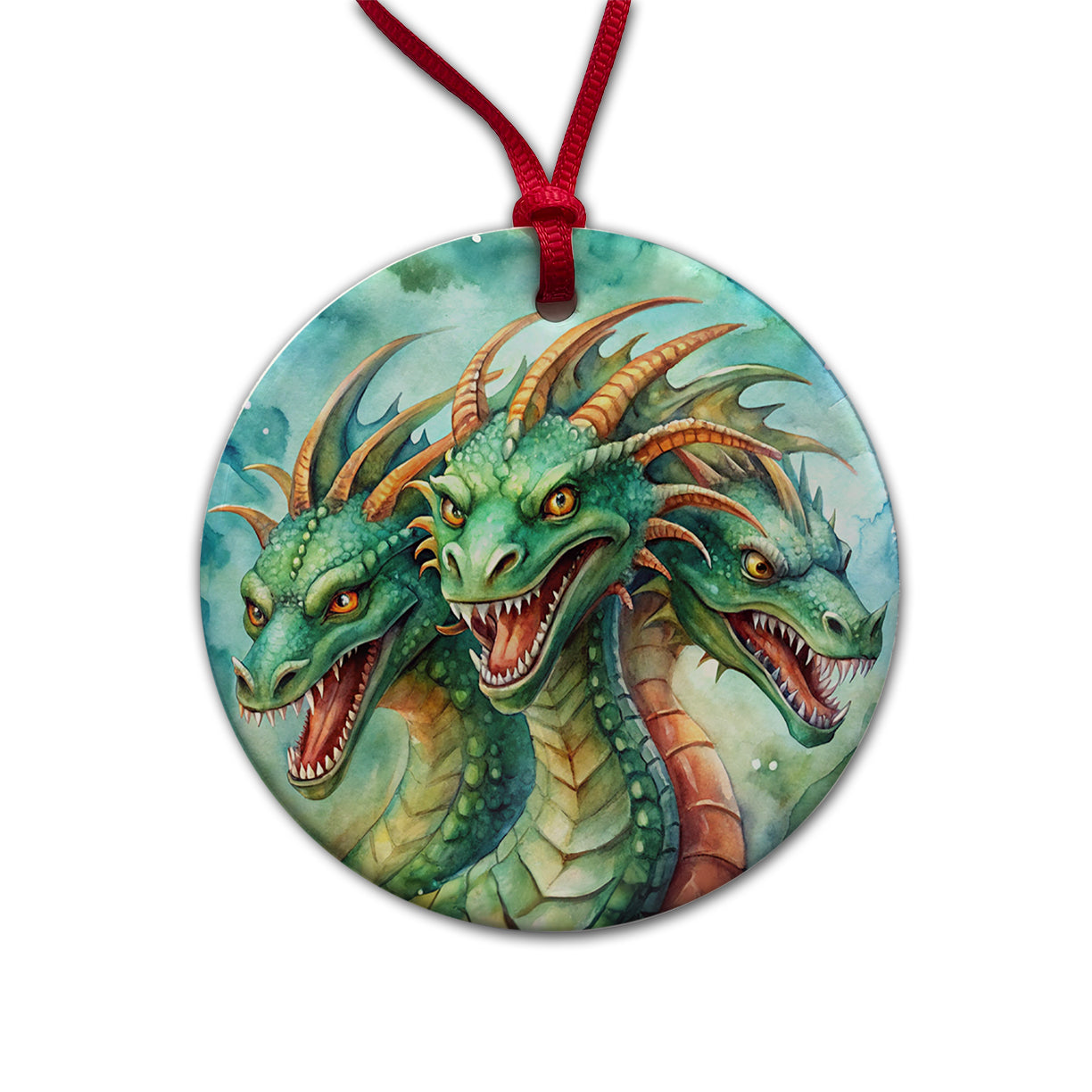 Fantasy Hydra Heads Mythical Monster Watercolor Round Ceramic Holiday Christmas Tree Ornament