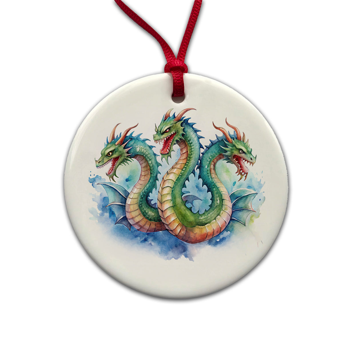 Fantasy Hydra Mythical Creature Watercolor Round Ceramic Holiday Christmas Tree Ornament