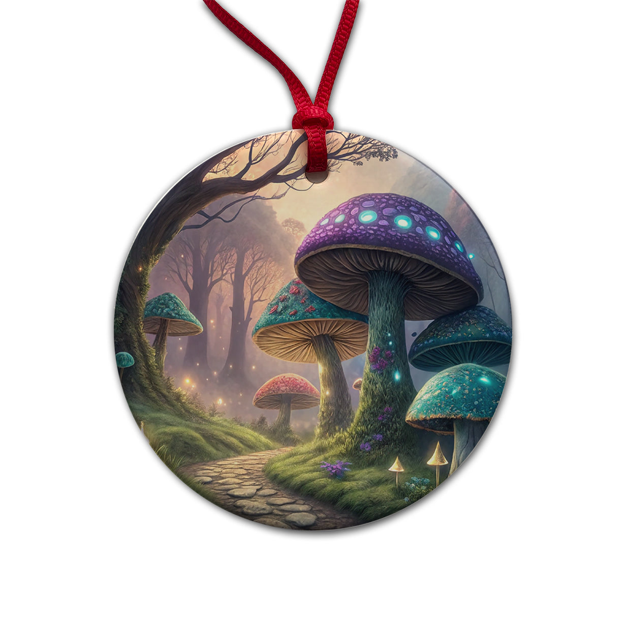 Fantasy Mushroom Forest Path Round Ceramic Holiday Christmas Tree Ornament