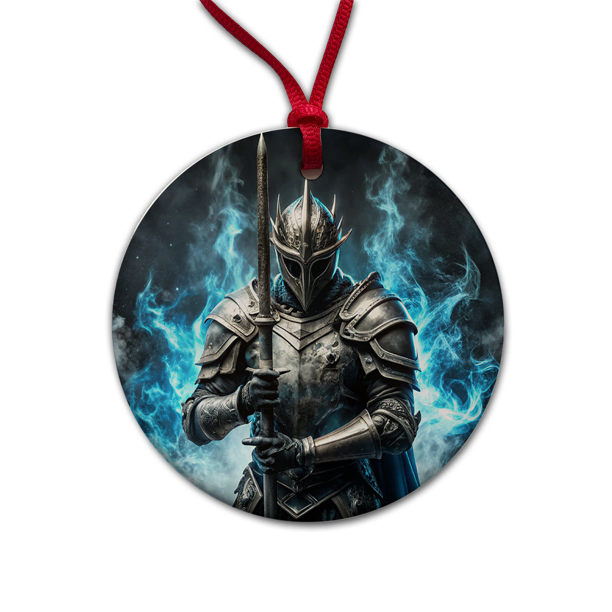 Fantasy Warrior Knight Blue Flames Round Ceramic Holiday Christmas Tree Ornament