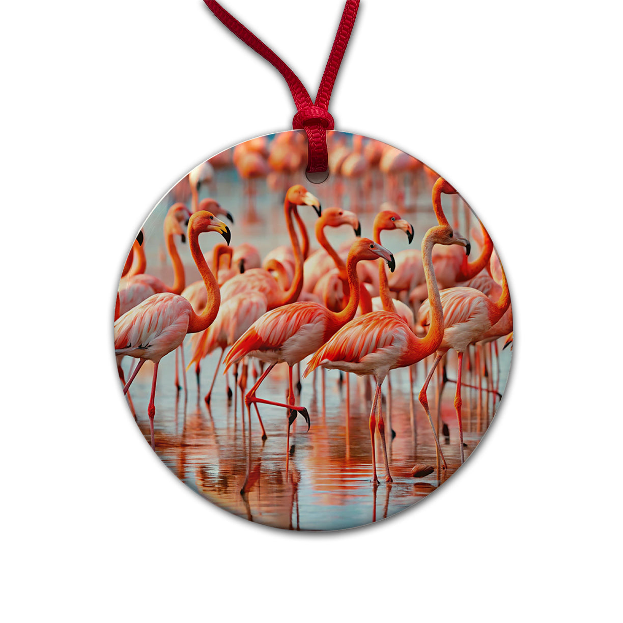 Flamingos Round Ceramic Holiday Christmas Tree Ornament