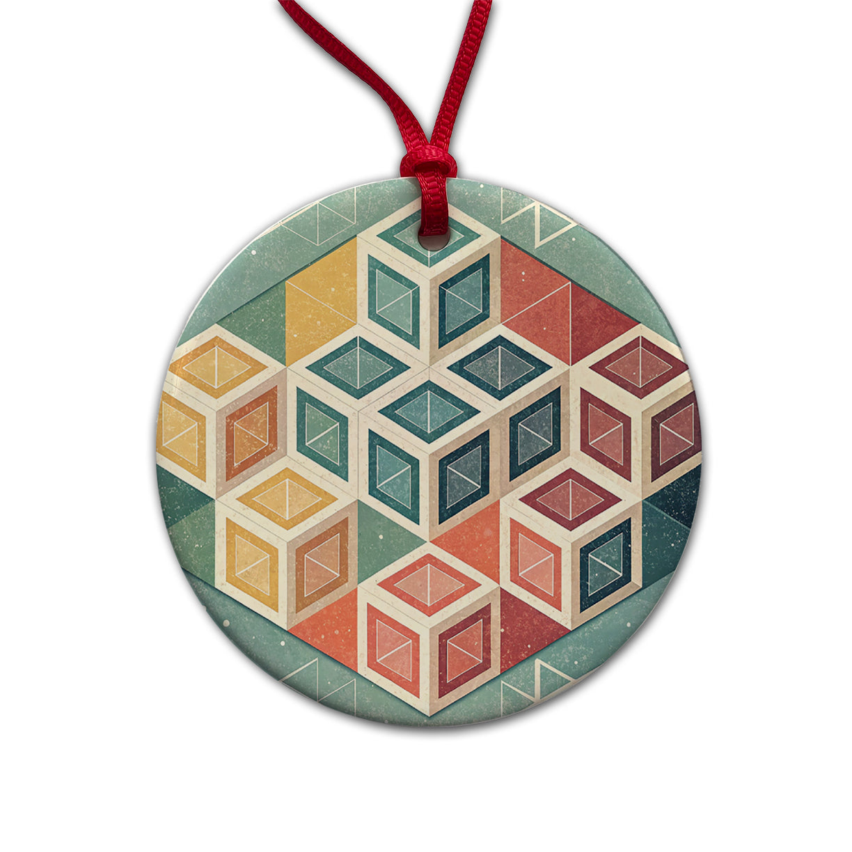 Geometric Cube Pattern Design Round Ceramic Holiday Christmas Tree Ornament