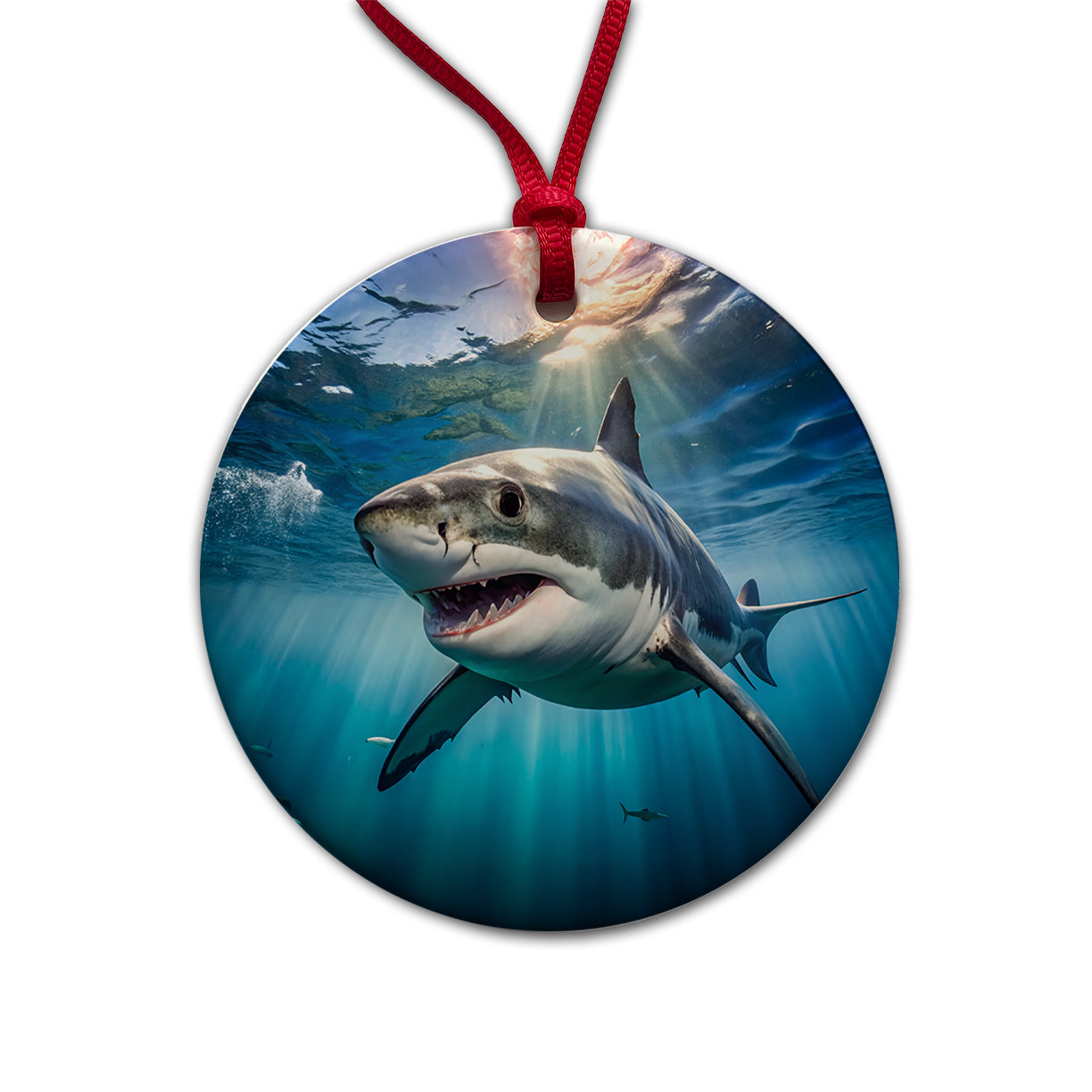 Great White Shark in the Ocean Round Ceramic Holiday Christmas Tree Ornament