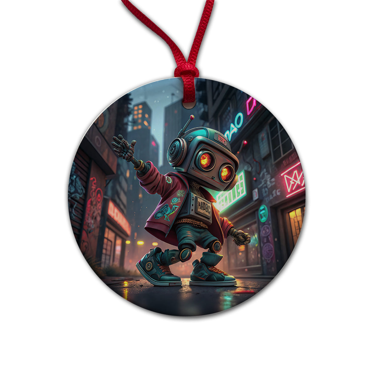 Hip Hop Sci-fi Dancing Robot Round Ceramic Holiday Christmas Tree Ornament