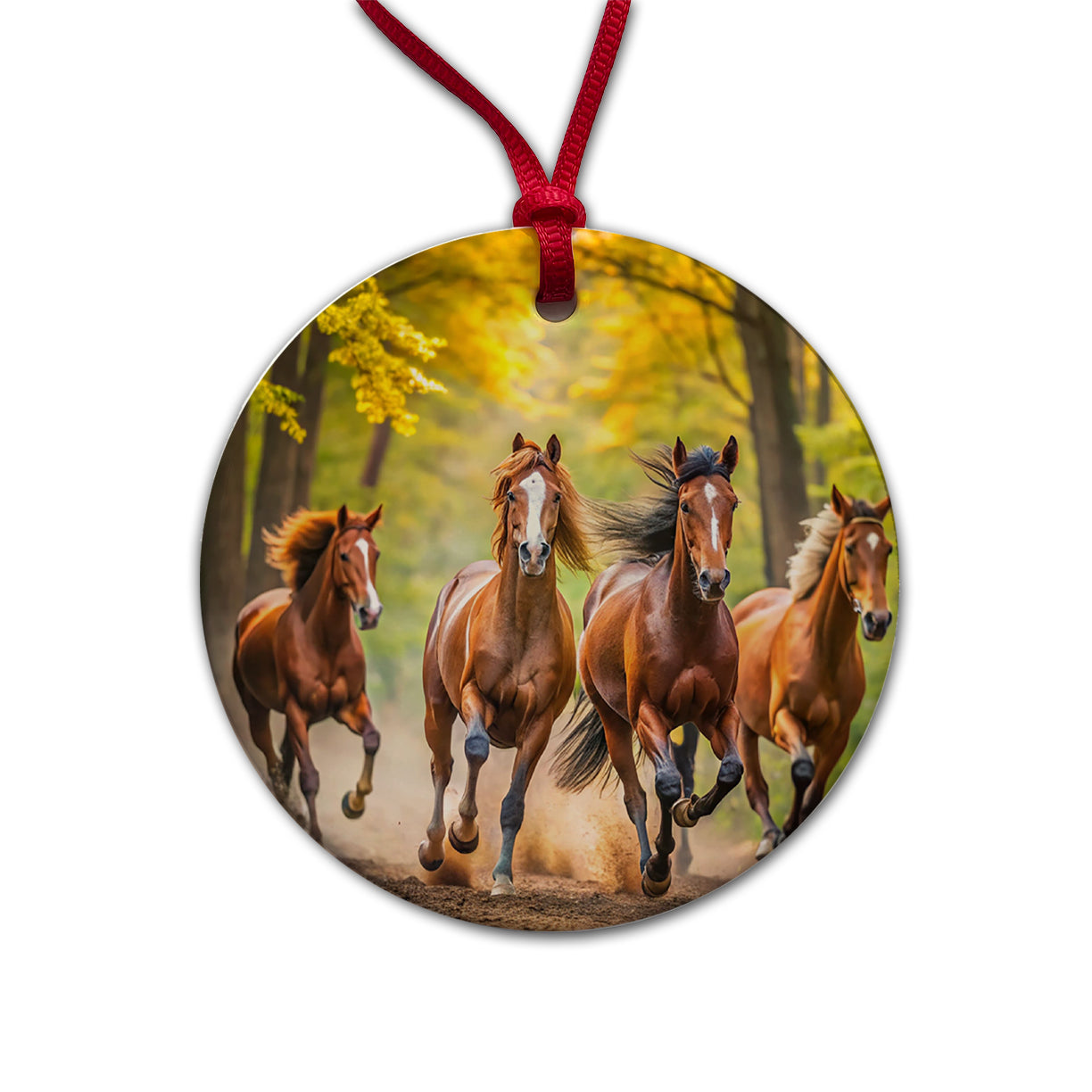 Horses Galloping Through The Forest Round Ceramic Holiday Christmas Tree Ornament