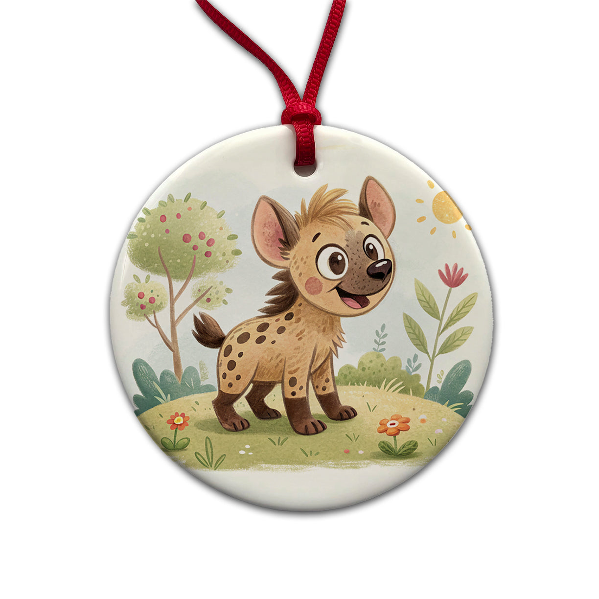 Hyena Children's Illustration Style Round Ceramic Holiday Christmas Tree Ornament