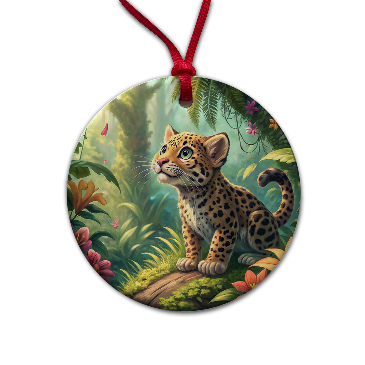 Jaguar Cat In Jungle Children's Illustration Style Round Ceramic Holiday Christmas Tree Ornament