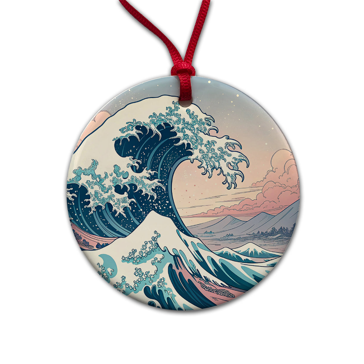 Japanese Blue Pink Ocean Waves Round Ceramic Holiday Christmas Tree Ornament