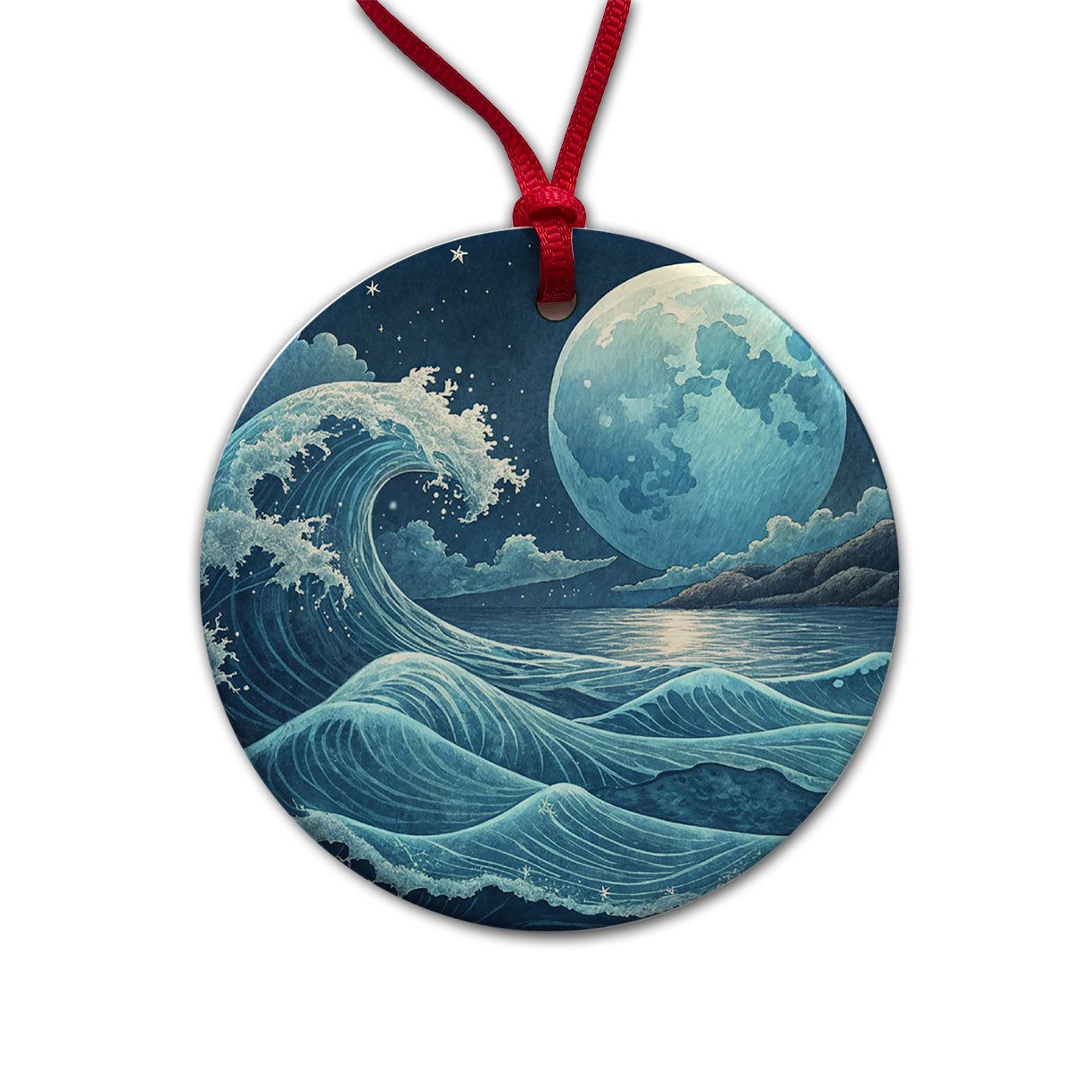 Japanese Ocean Waves Under Large Moon Round Ceramic Holiday Christmas Tree Ornament