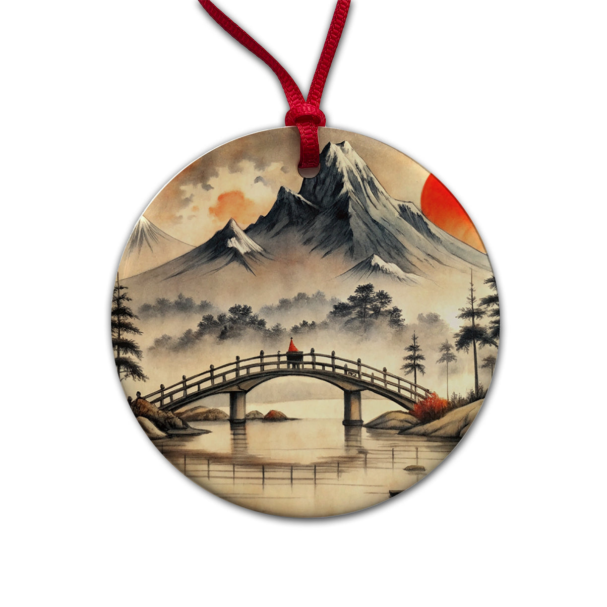 Japanese Style Ink Painting Bridge Over Water Landscape Round Ceramic Holiday Christmas Tree Ornament