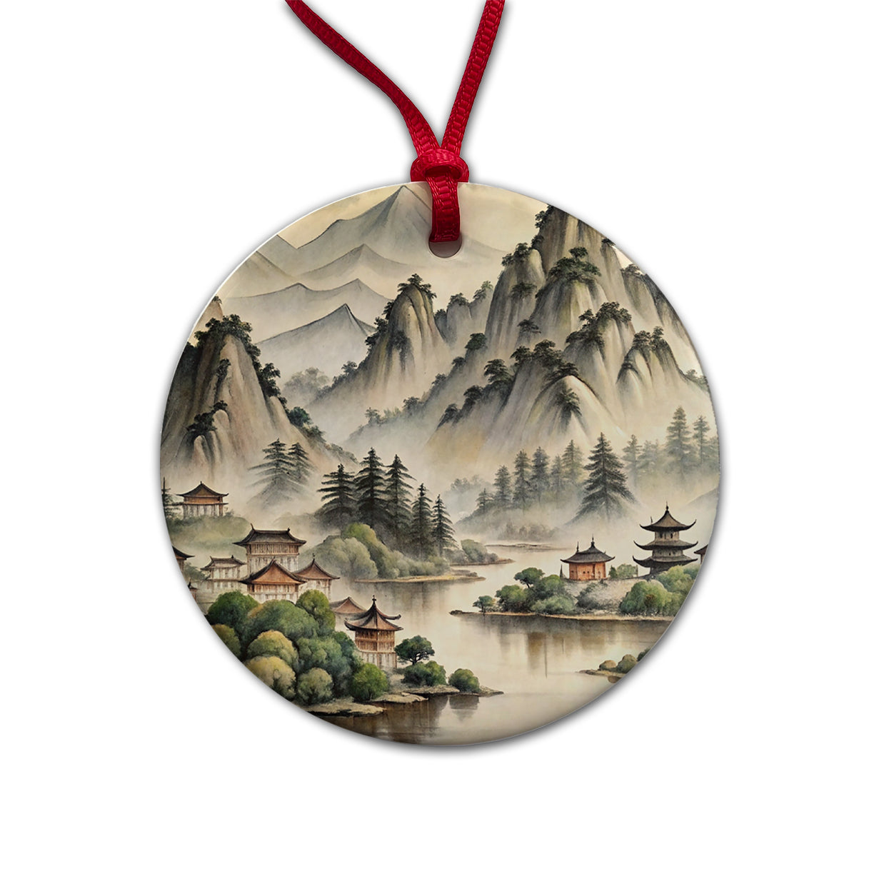 Japanese Style Ink Painting Lake and Mountains Landscape Round Ceramic Holiday Christmas Tree Ornament