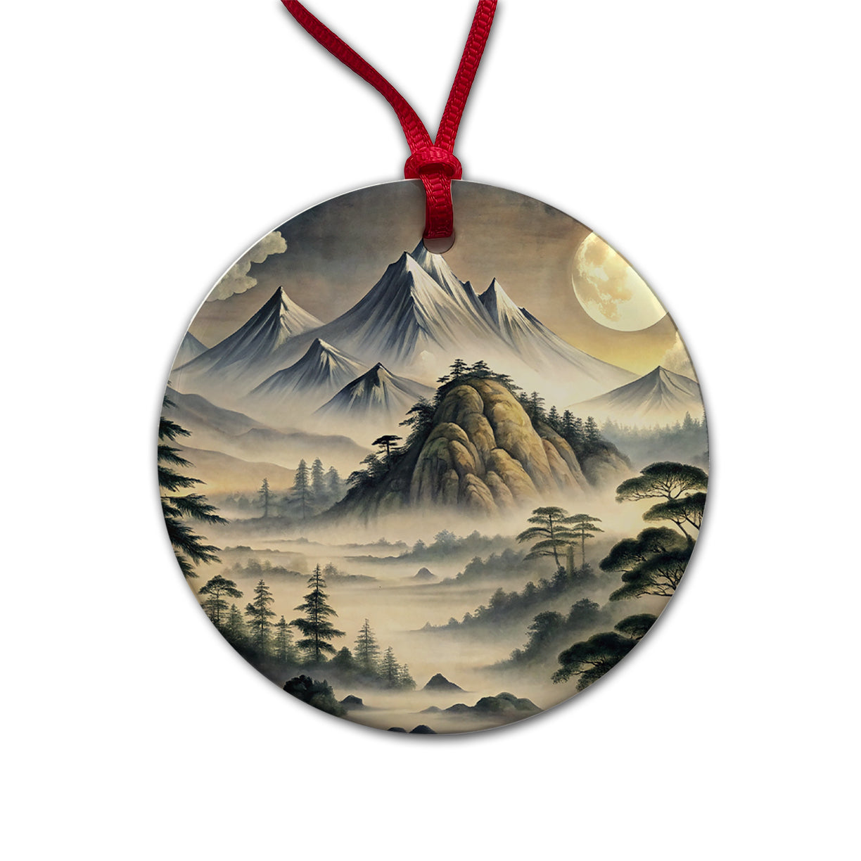 Japanese Style Ink Painting Landscape Misty Mountains Large Moon Round Ceramic Holiday Christmas Tree Ornament