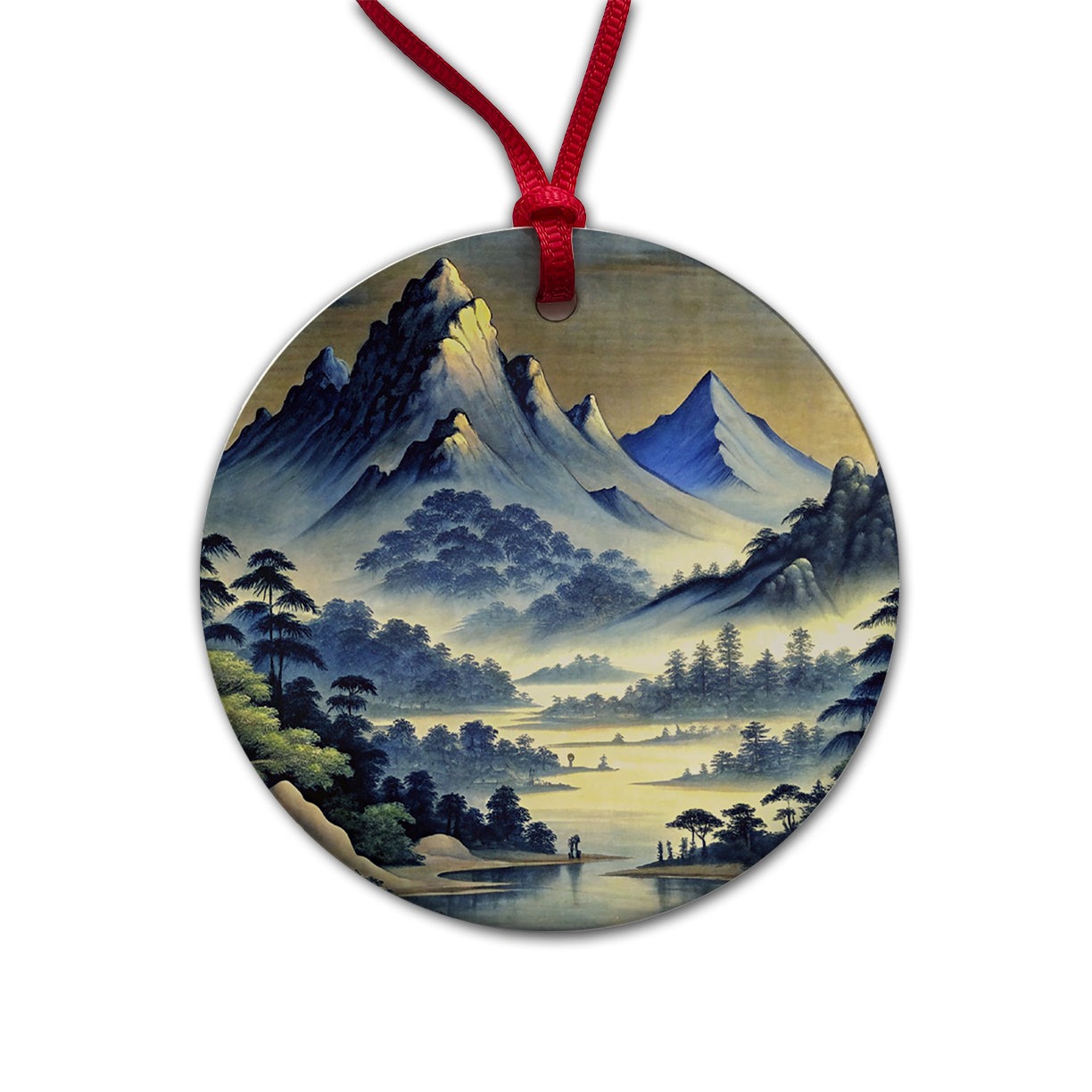 Japanese Style Ink Painting Landscape Mountains At Night Round Ceramic Holiday Christmas Tree Ornament