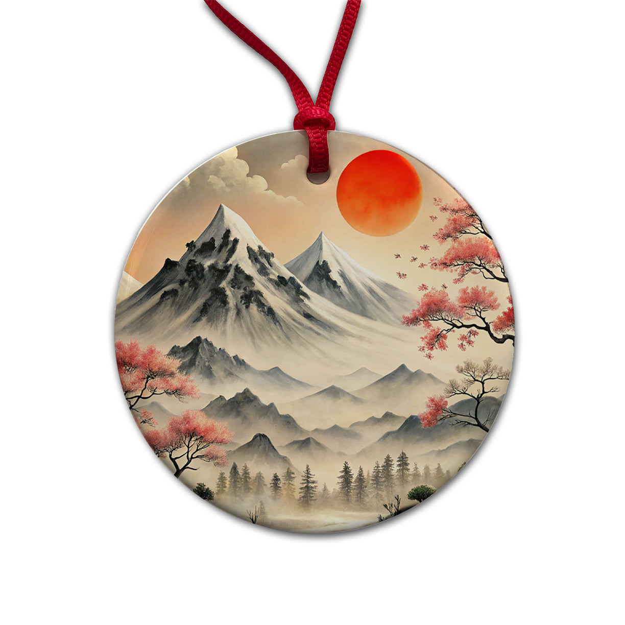 Japanese Style Ink Painting Landscape Mountains Under Red Sun Round Ceramic Holiday Christmas Tree Ornament