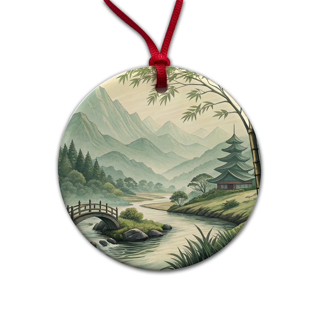 Japanese Style Ink Painting Landscape Round Ceramic Holiday Christmas Tree Ornament