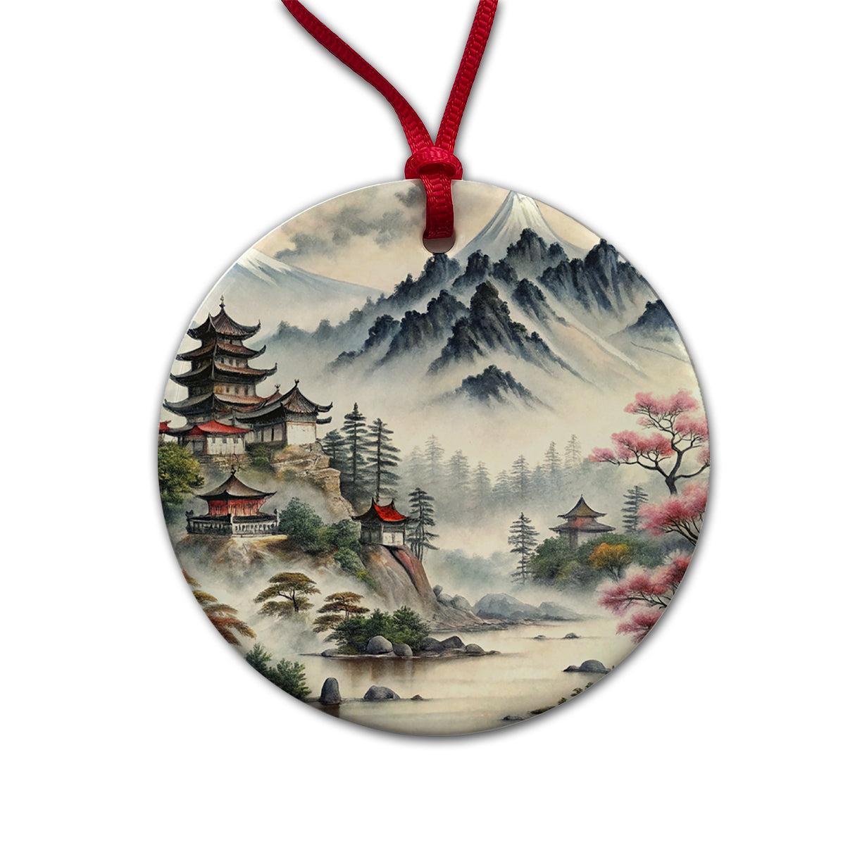 Japanese Style Ink Painting Mountain Landscape Round Ceramic Holiday Christmas Tree Ornament