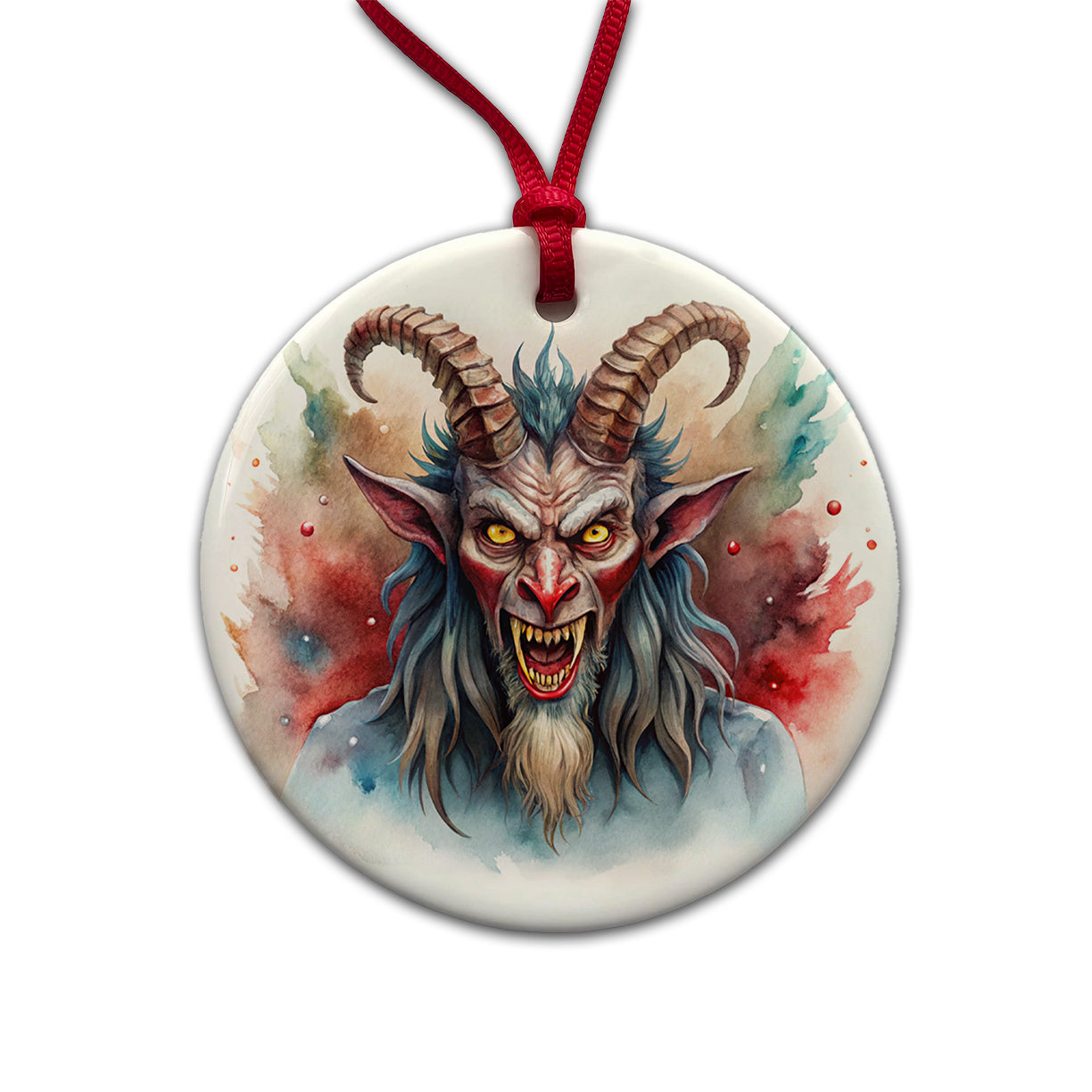 Krampus Watercolor Round Ceramic Holiday Christmas Tree Ornament