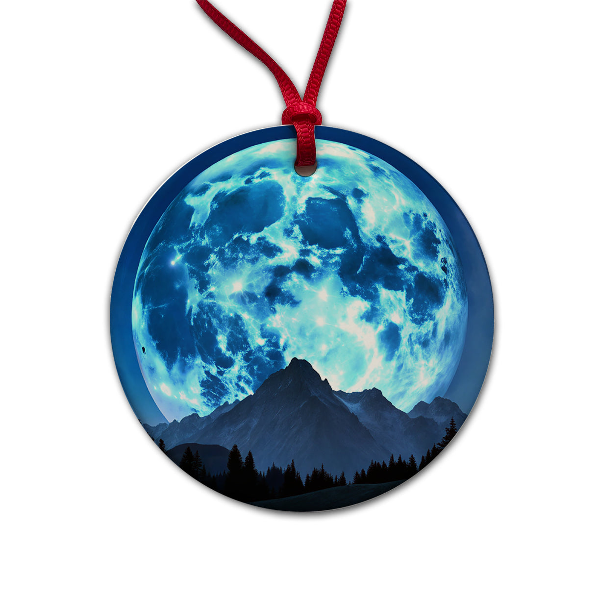 Large Blue Moon Over Mountain Range Round Ceramic Holiday Christmas Tree Ornament