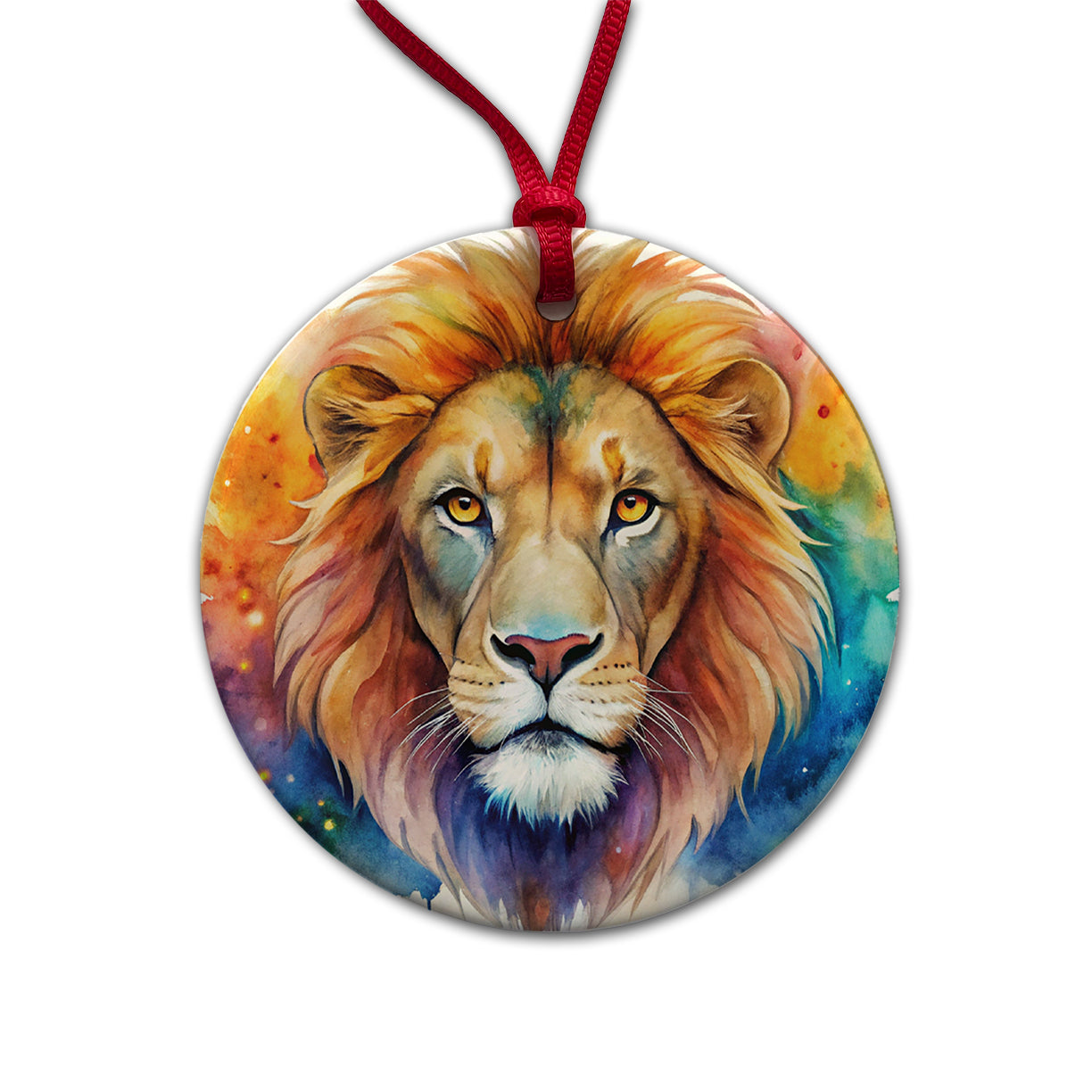 Lion Face Watercolor Round Ceramic Holiday Christmas Tree Ornament