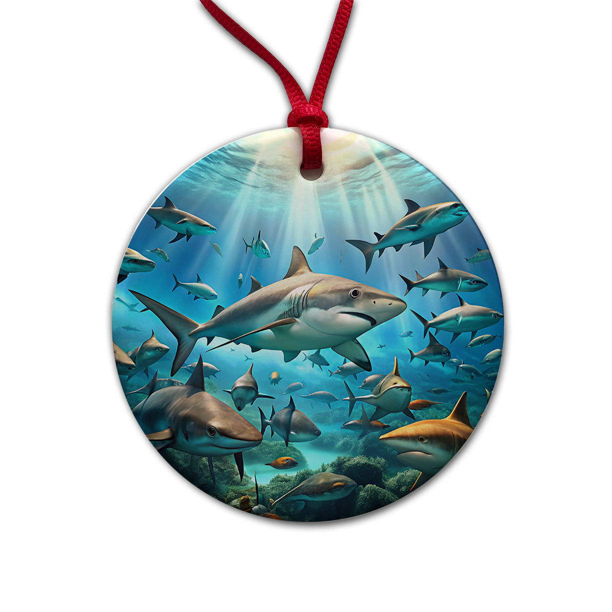 Lots Of Swimming Sharks Round Ceramic Holiday Christmas Tree Ornament