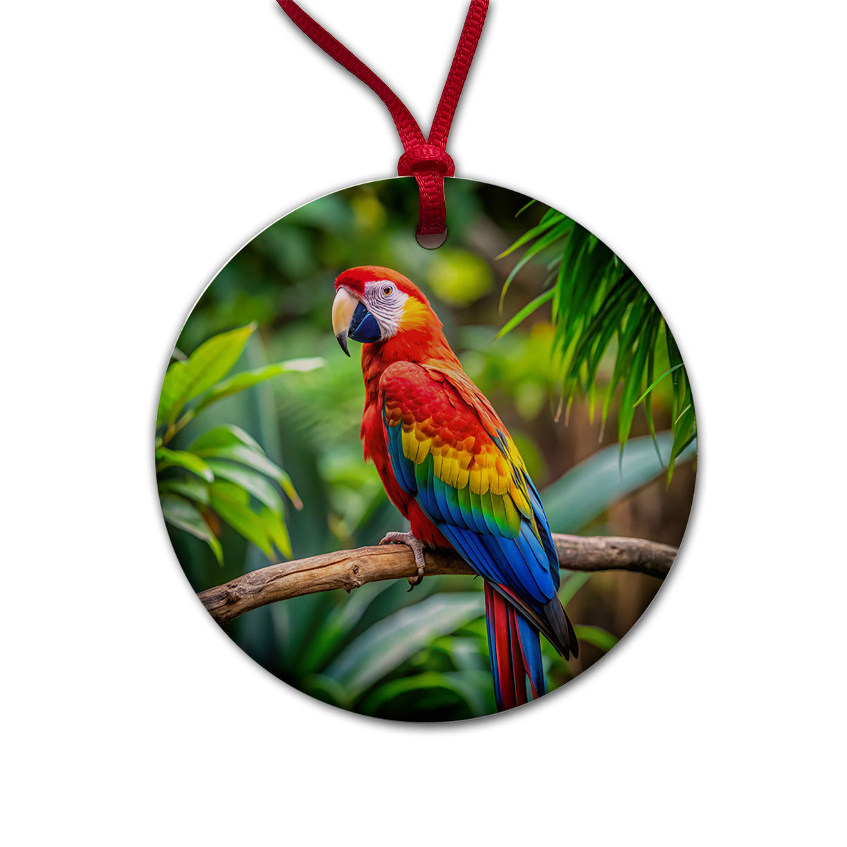 Macaw Parrot Bird On Branch Round Ceramic Holiday Christmas Tree Ornament