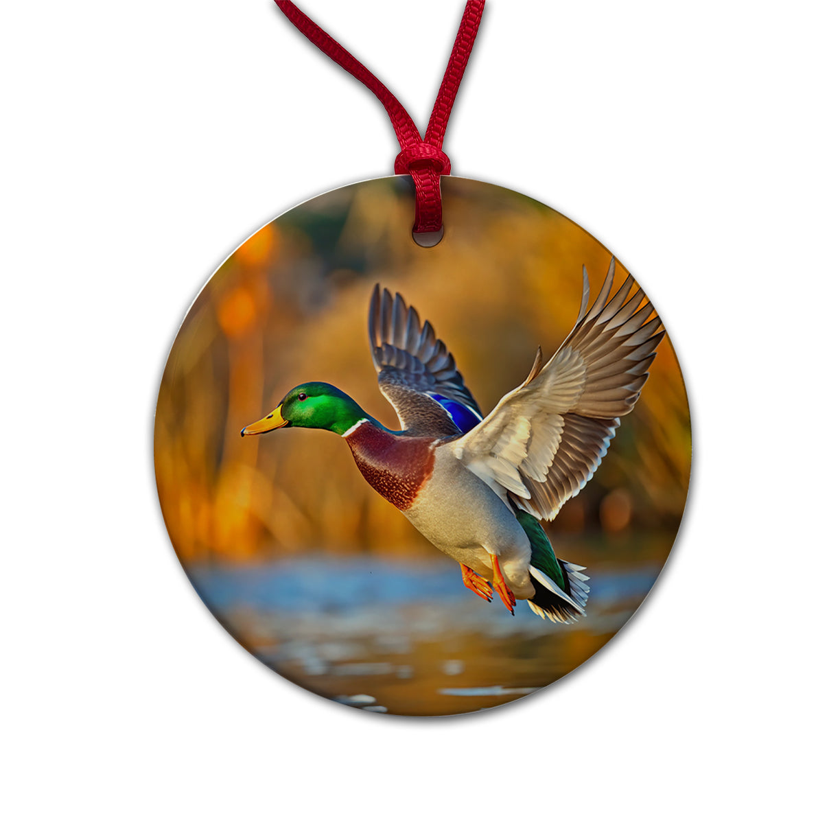 Mallard Duck Flying Round Ceramic Holiday Christmas Tree Ornament