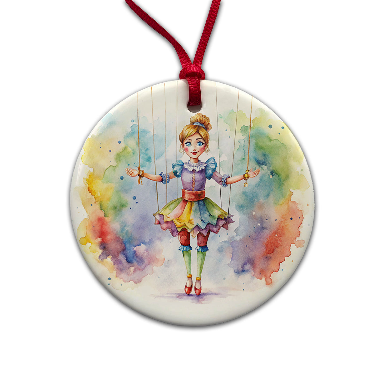 Marionette Puppet on Strings Watercolor Round Ceramic Holiday Christmas Tree Ornament