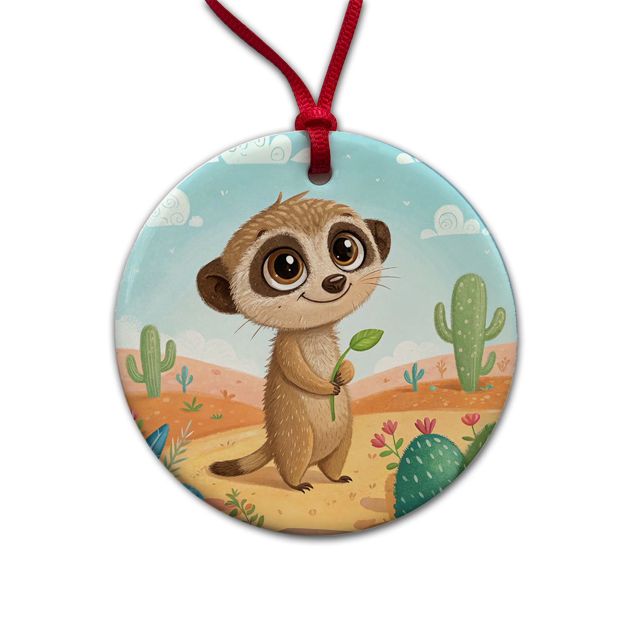 Meerkat Children's Illustration Style Round Ceramic Holiday Christmas Tree Ornament
