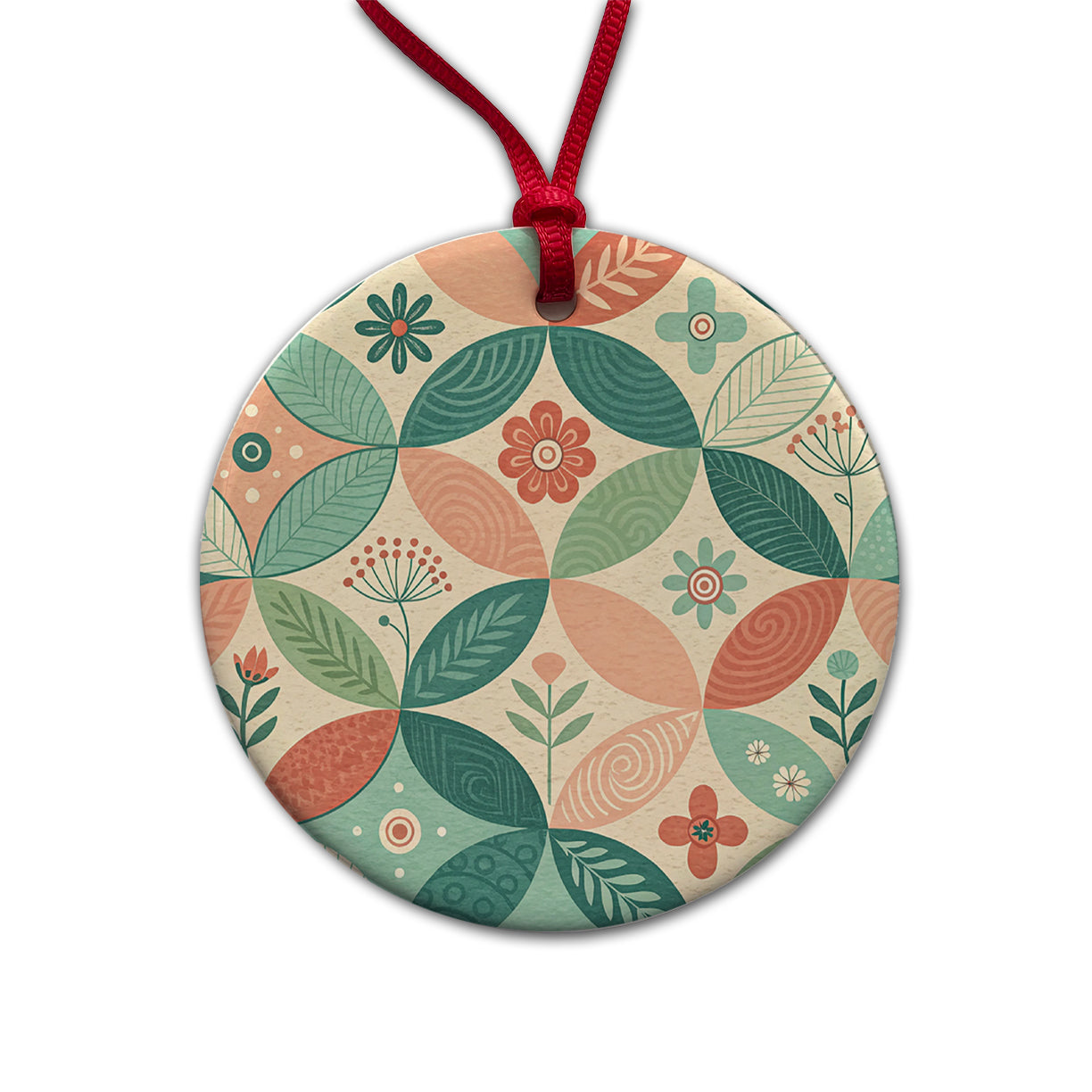 Mid-Century Flower Leaf Pattern Design Round Ceramic Holiday Christmas Tree Ornament