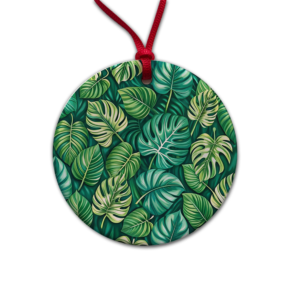 Monstera Leaves Pattern Round Ceramic Holiday Christmas Tree Ornament