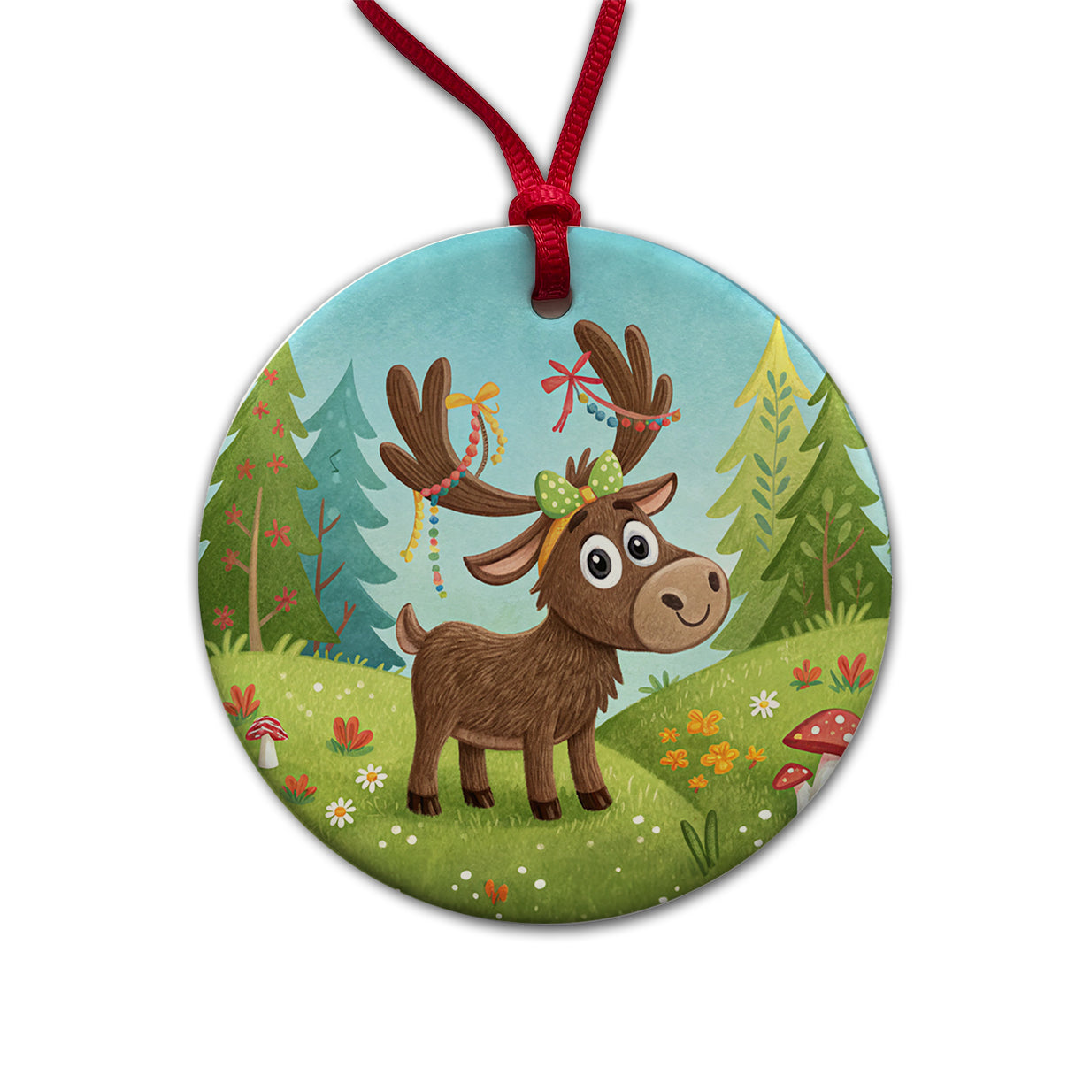 Moose Children's Illustration Style Round Ceramic Holiday Christmas Tree Ornament
