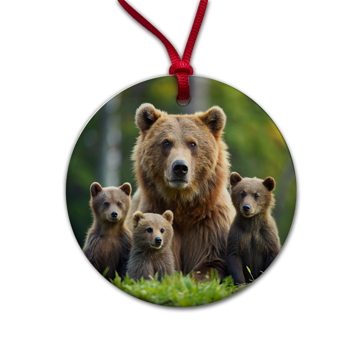 Mother Bear With Cubs Round Ceramic Holiday Christmas Tree Ornament
