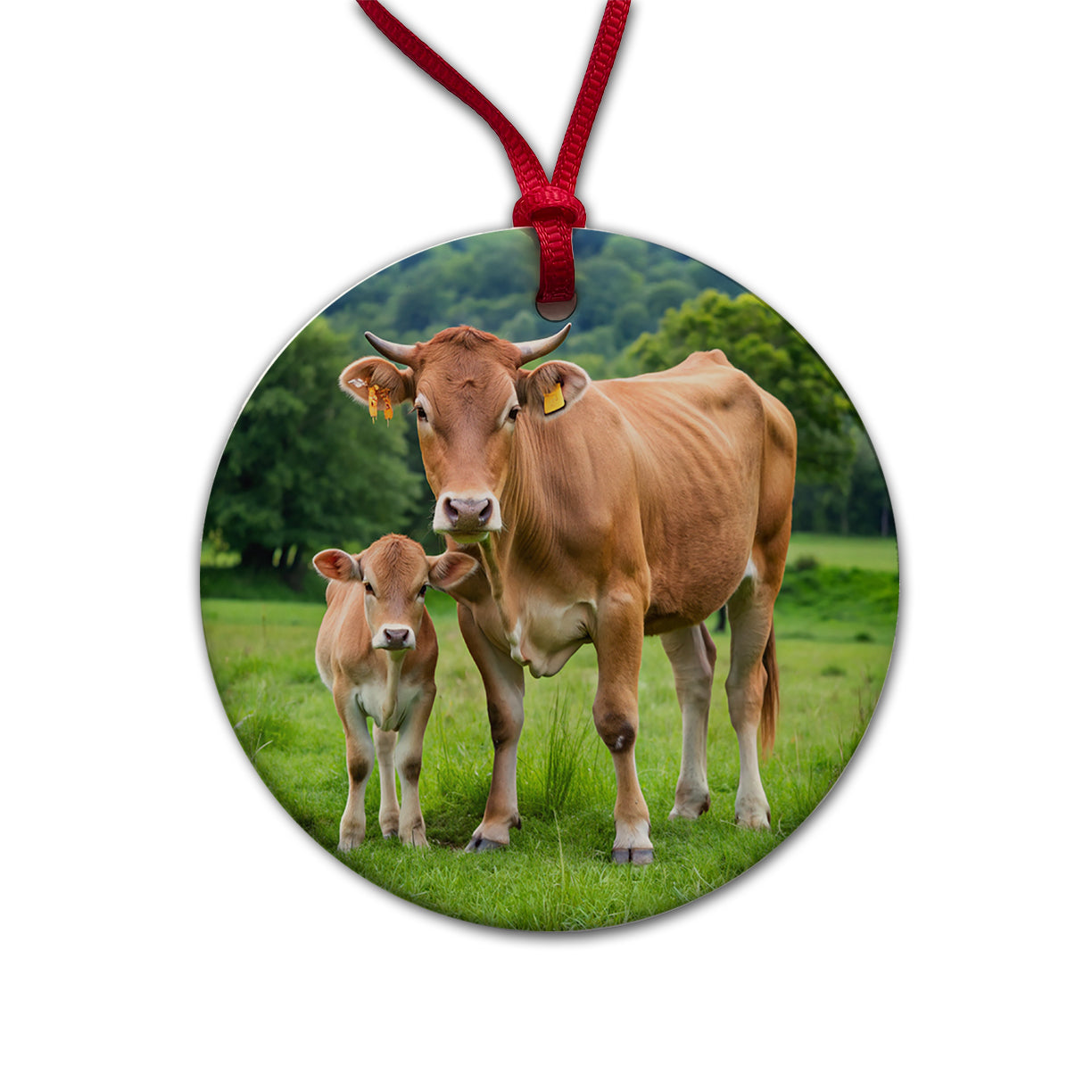 Mother Cow With Calf Round Ceramic Holiday Christmas Tree Ornament