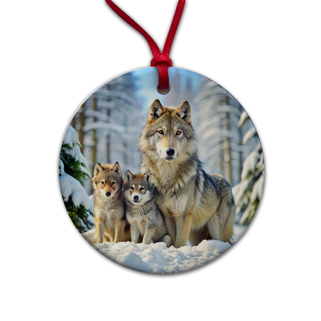 Mother Wolf And Pups In Winter Round Ceramic Holiday Christmas Tree Ornament