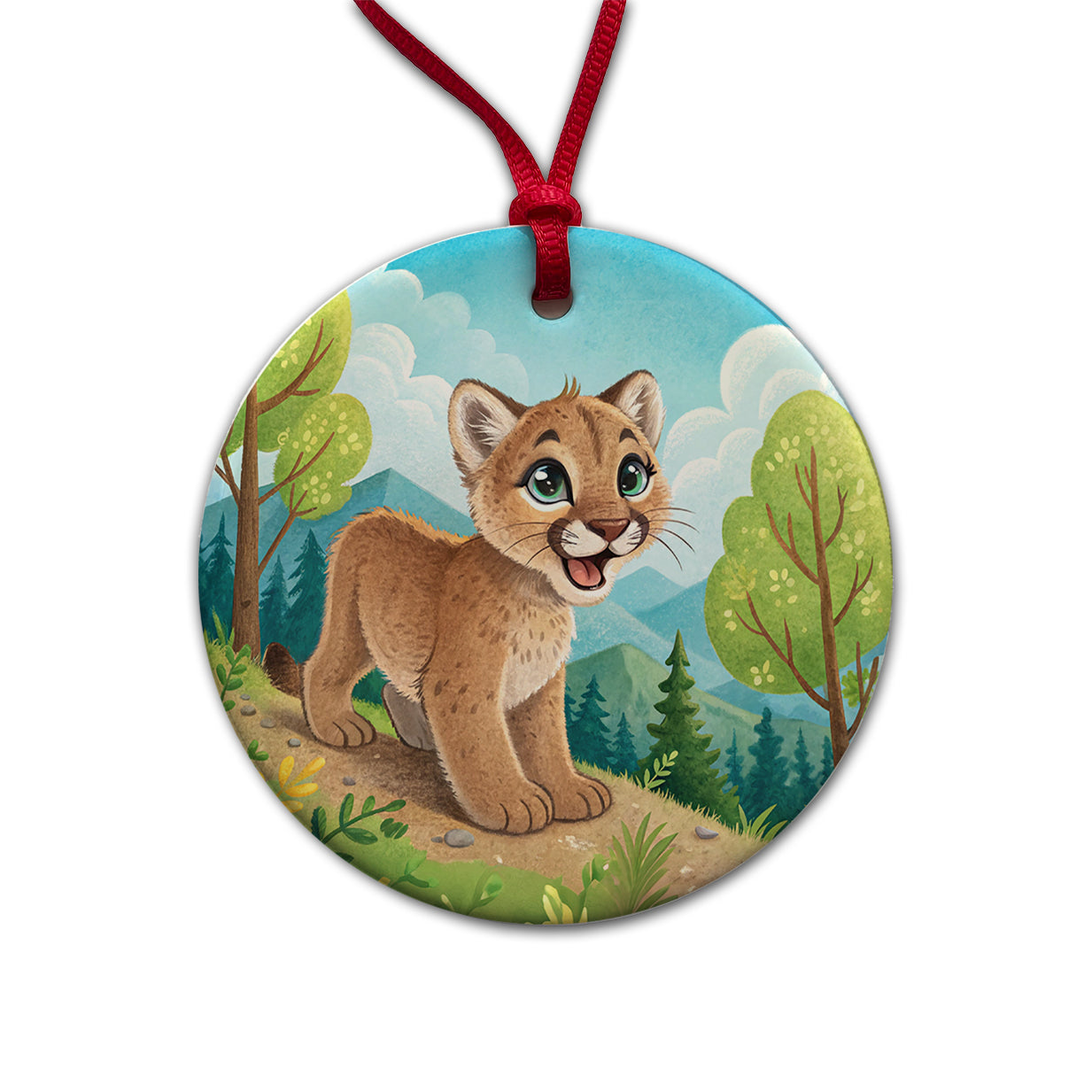 Mountain Lion Cougar Children's Illustration Style Round Ceramic Holiday Christmas Tree Ornament