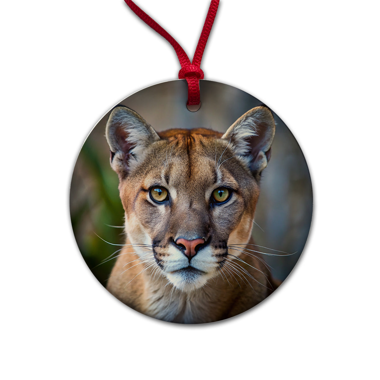 Mountain Lion Cougar Face Round Ceramic Holiday Christmas Tree Ornament