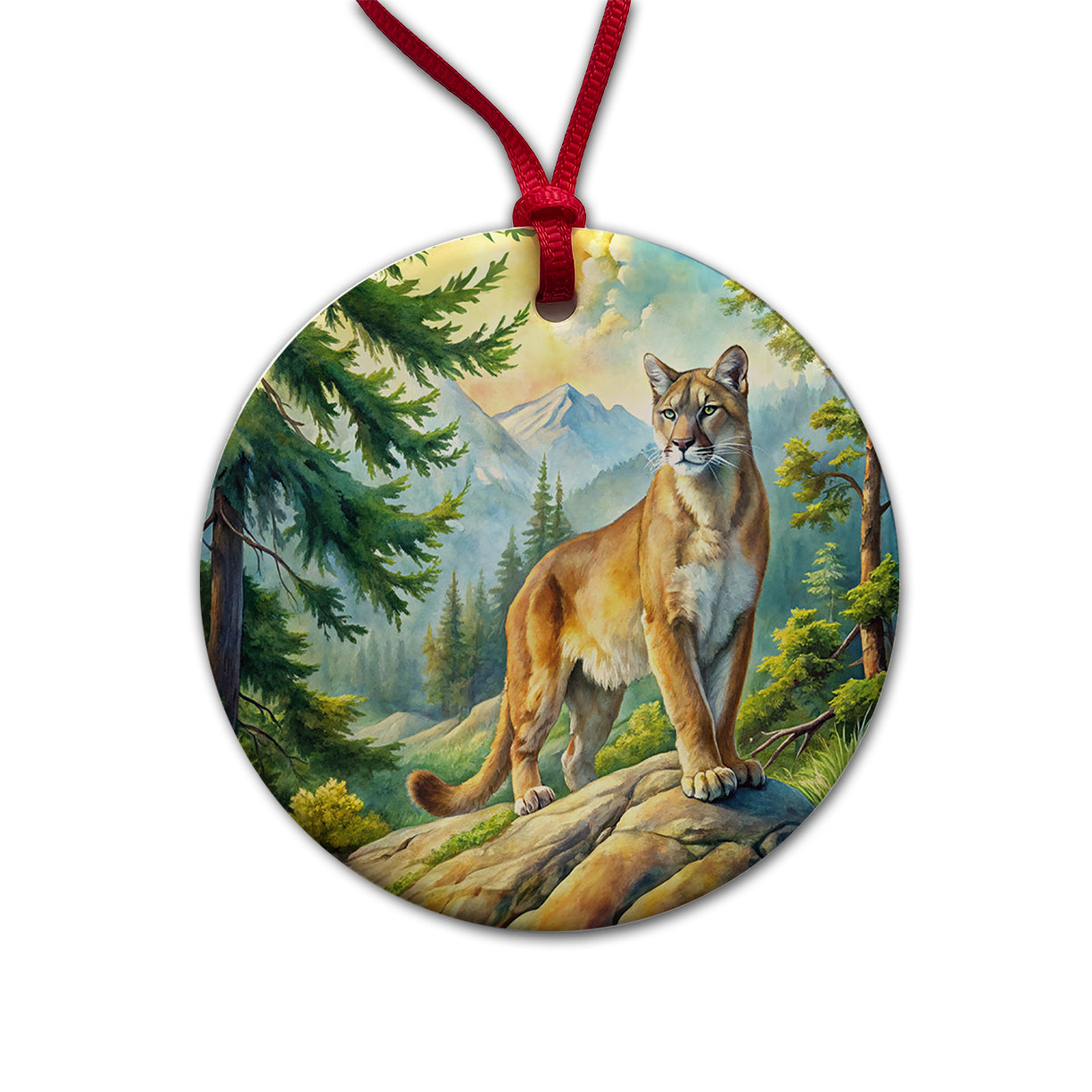 Mountain Lion Cougar In Woods Watercolor Round Ceramic Holiday Christmas Tree Ornament