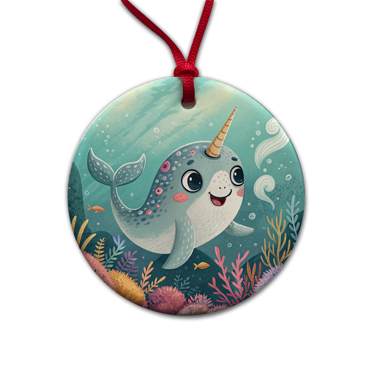 Narwhal Children's Illustration Style Round Ceramic Holiday Christmas Tree Ornament