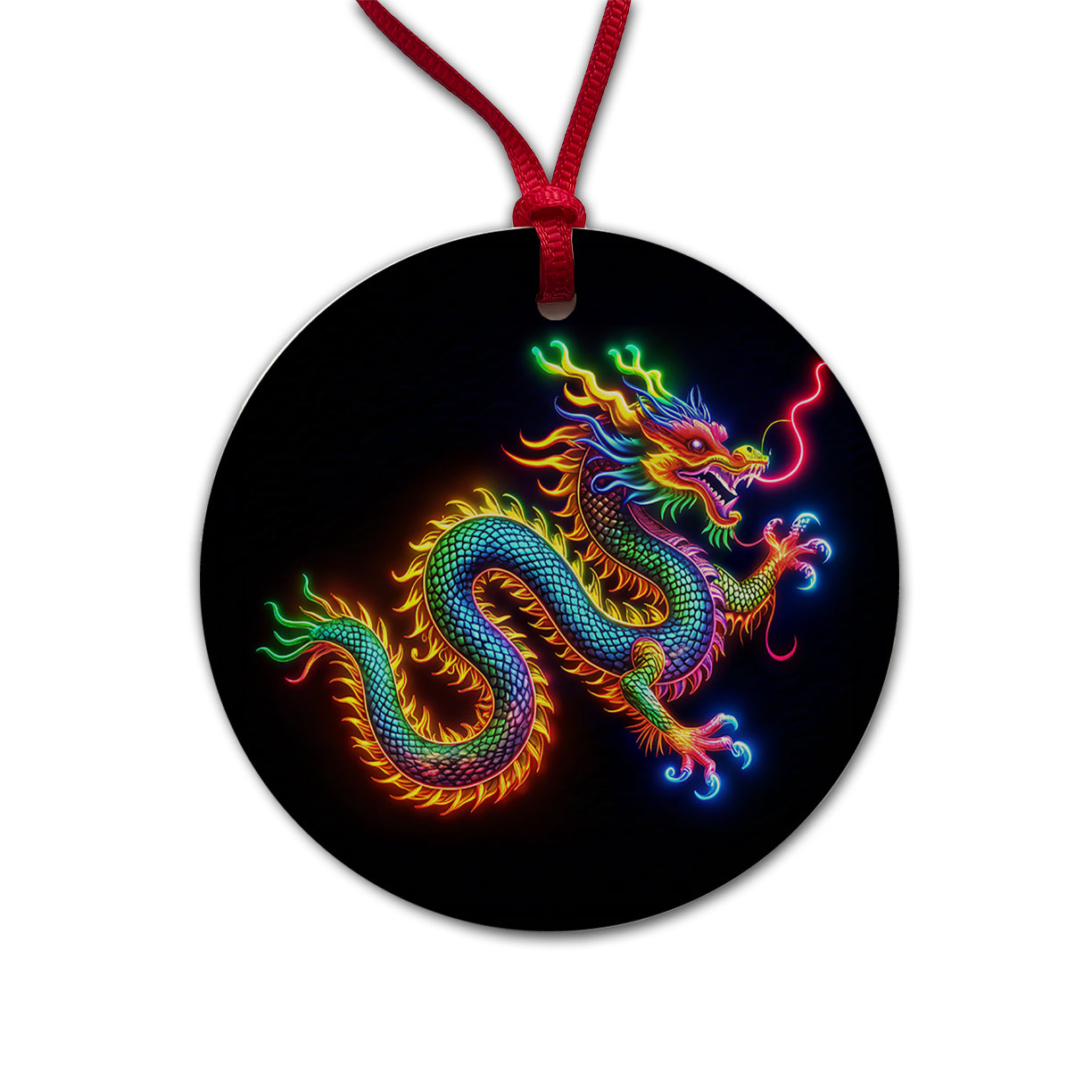 Neon Asian Dragon Round Ceramic Holiday Christmas Tree Ornament