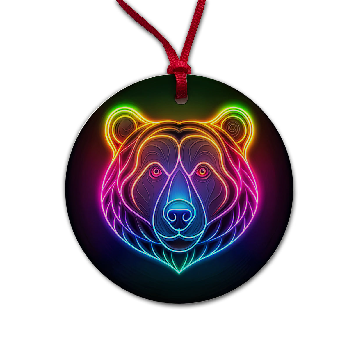 Neon Bear Face Round Ceramic Holiday Christmas Tree Ornament