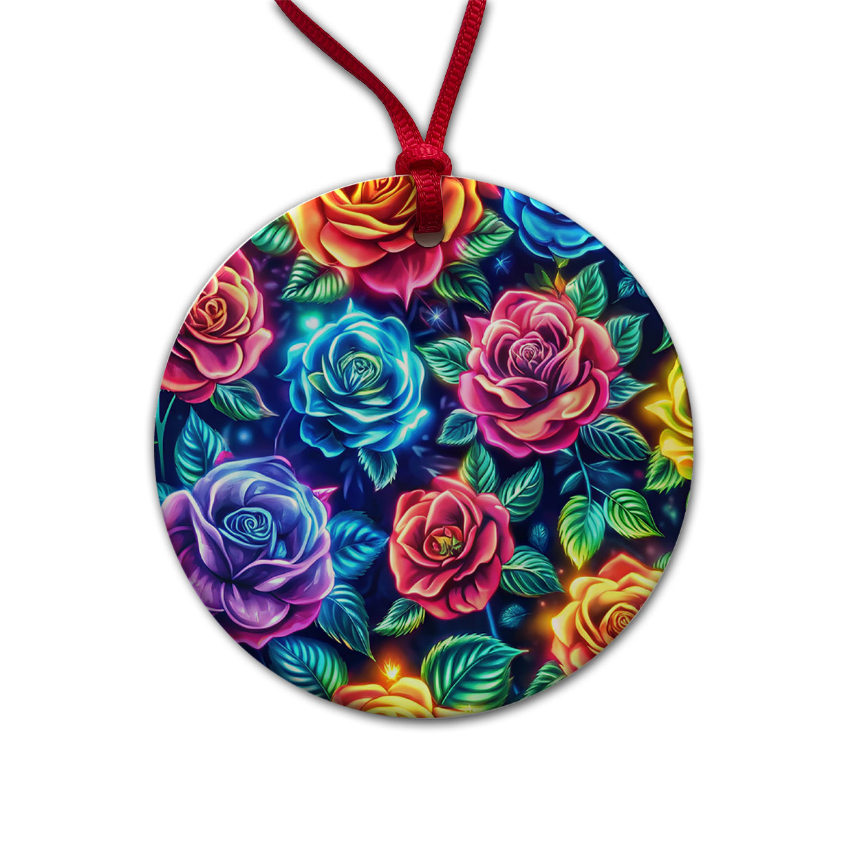 Neon Colorful Rose Floral Pattern Round Ceramic Holiday Christmas Tree Ornament