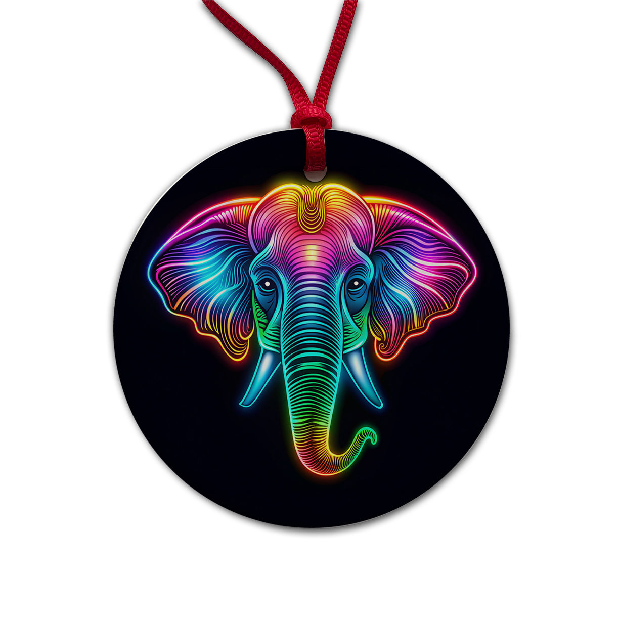 Neon Elephant Face Round Ceramic Holiday Christmas Tree Ornament
