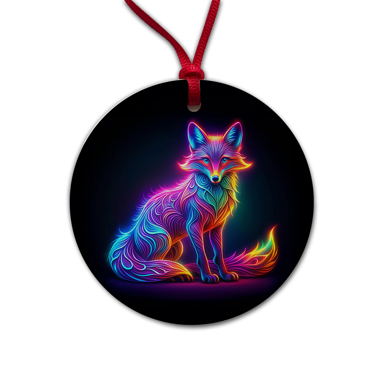 Neon Fox Round Ceramic Holiday Christmas Tree Ornament