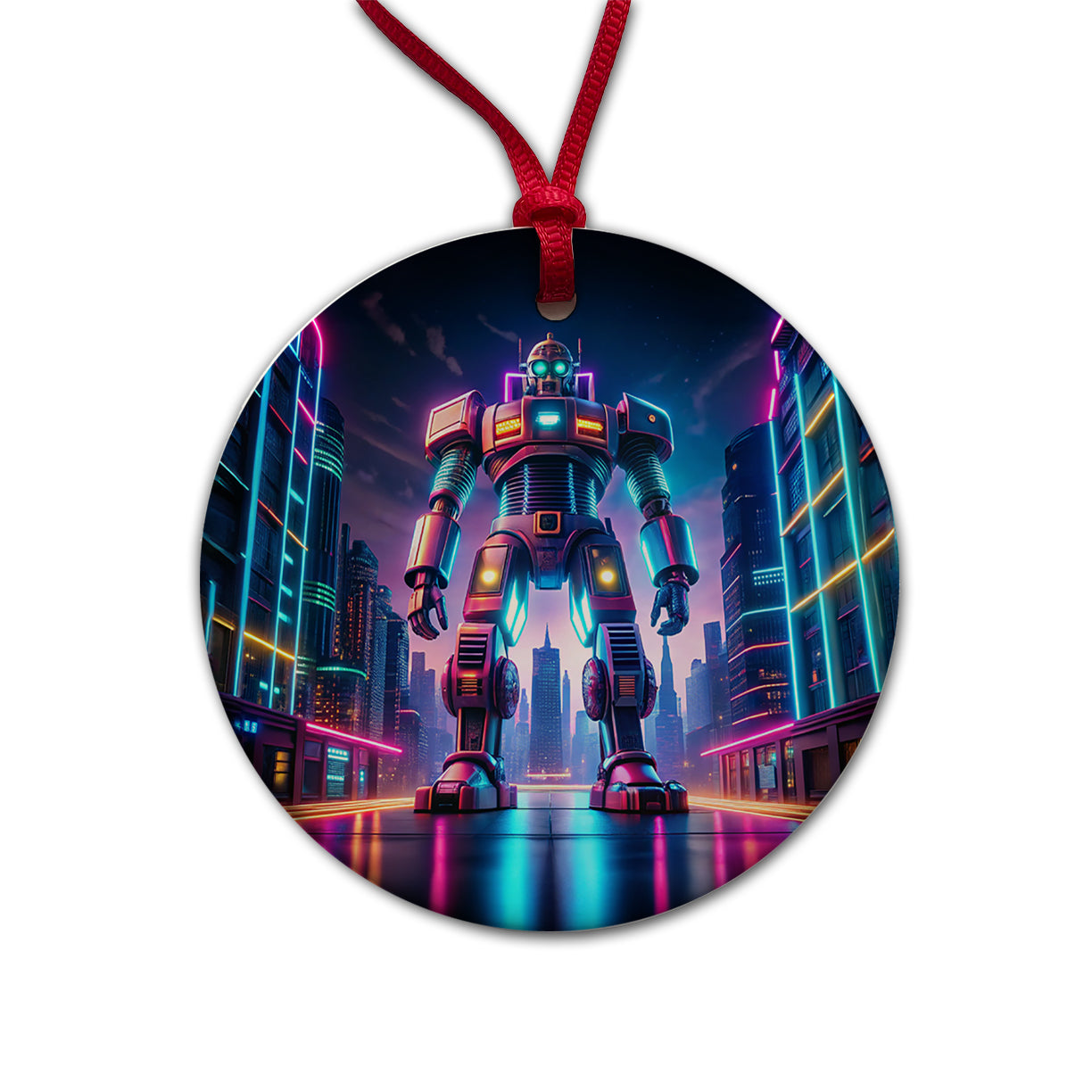 Neon Giant Sci-fi Robot Round Ceramic Holiday Christmas Tree Ornament