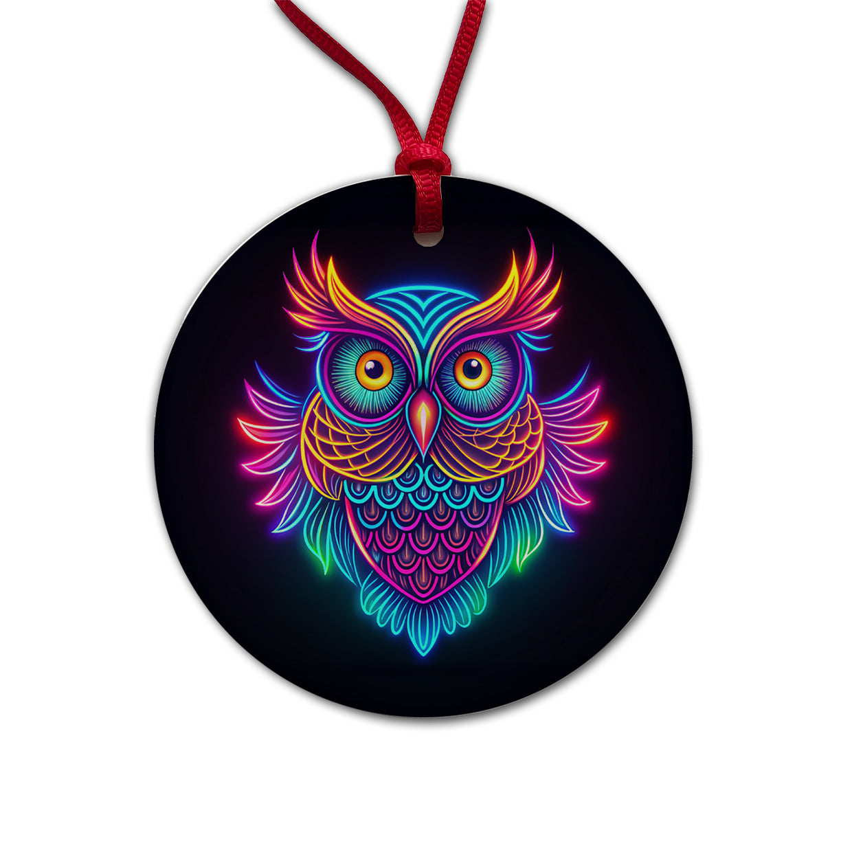 Neon Owl Round Ceramic Holiday Christmas Tree Ornament