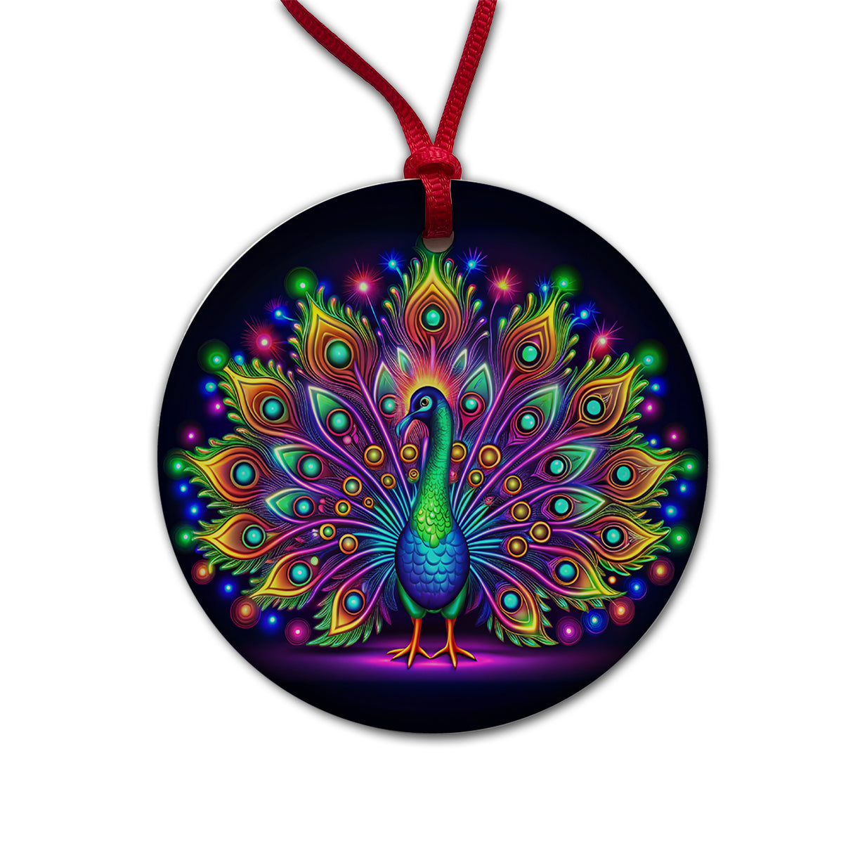 Neon Peacock Round Ceramic Holiday Christmas Tree Ornament