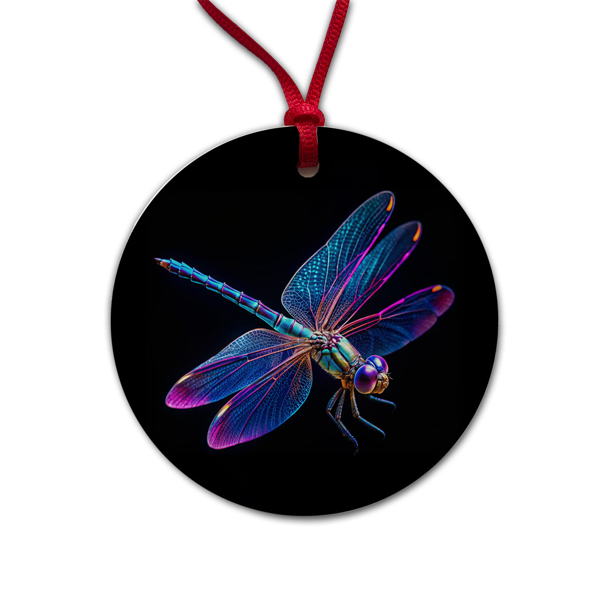 Neon Purple Blue Dragonfly Round Ceramic Holiday Christmas Tree Ornament