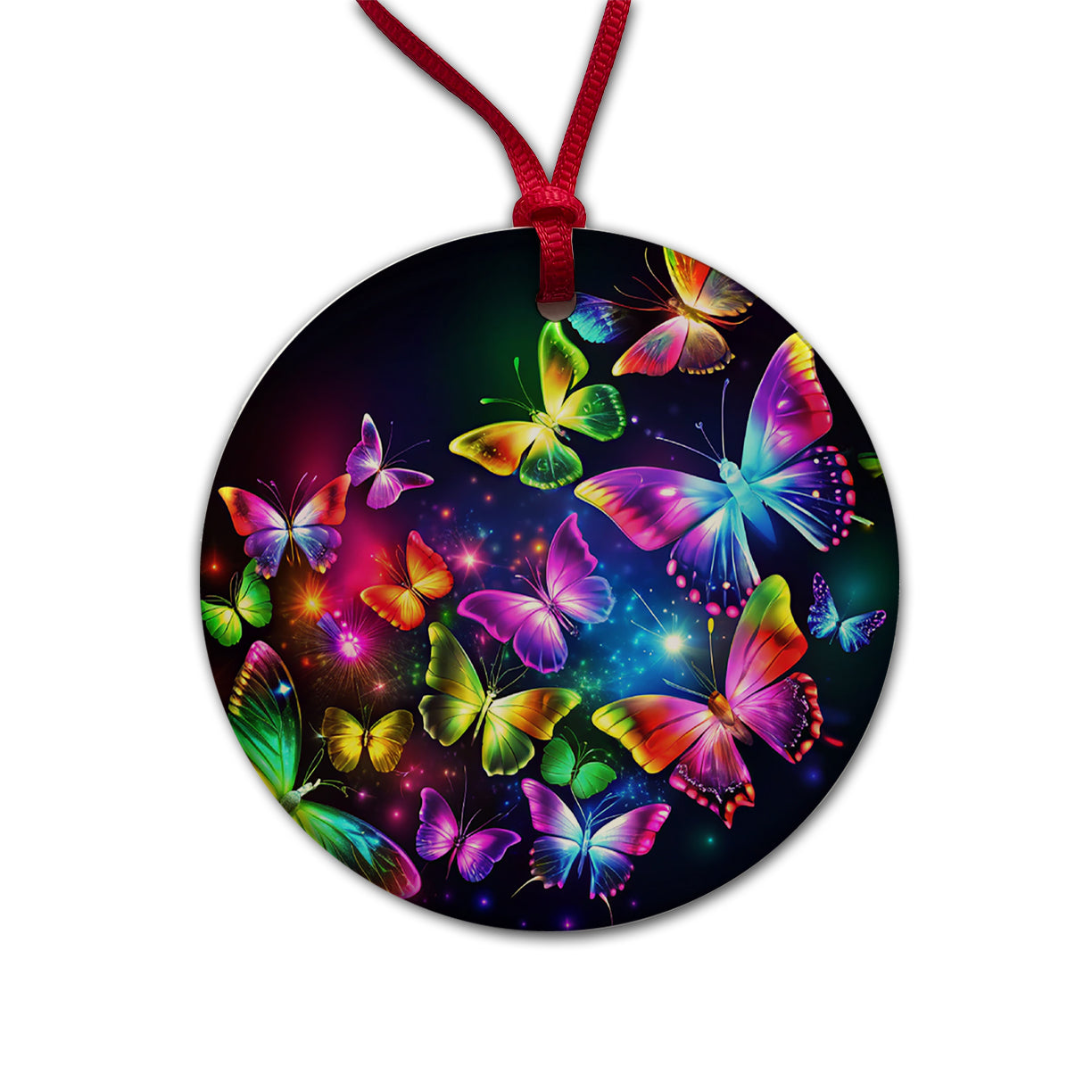 Neon Rainbow Butterflies Round Ceramic Holiday Christmas Tree Ornament