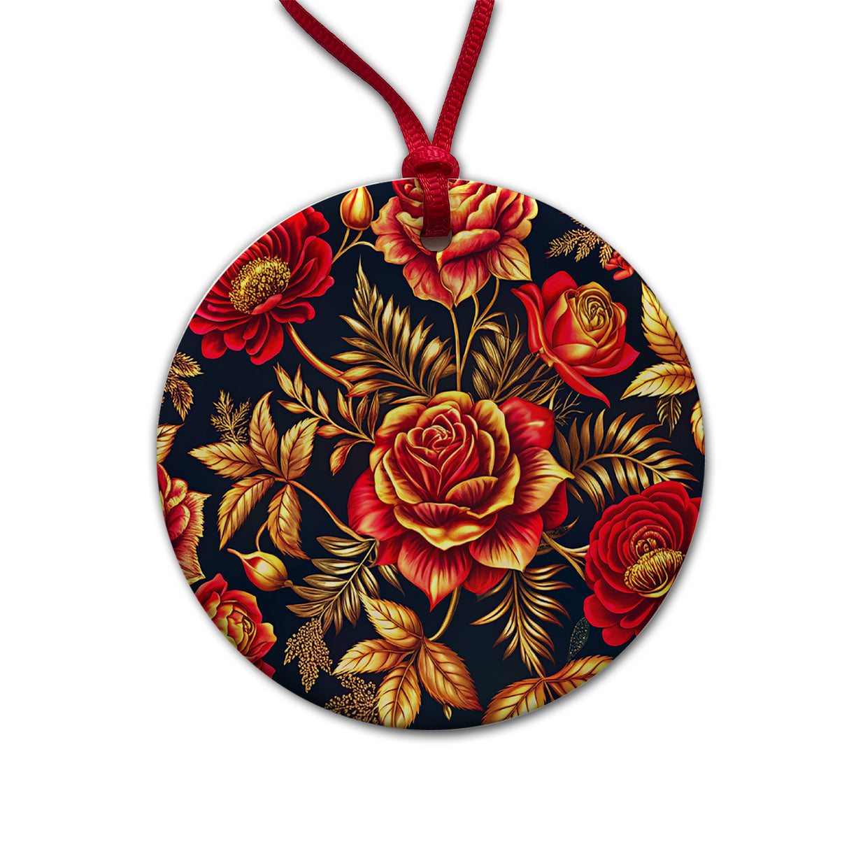 Neon Red And Gold Rose Floral Pattern Round Ceramic Holiday Christmas Tree Ornament